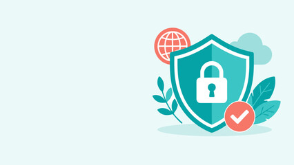 Shield with padlock and globe in flat security illustration
