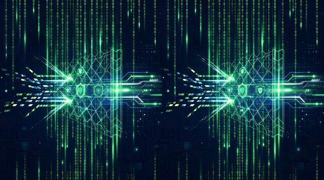 Futuristic green circuit board design with binary code on dark background