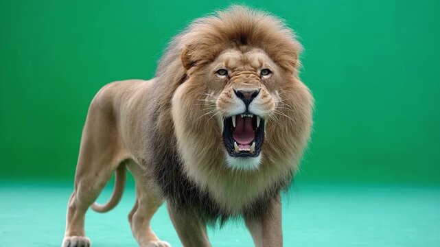 Roaring Lion with Golden Mane: A majestic male lion with a full, golden mane stands proudly, roaring with intense power and a fierce expression against a vibrant green background.