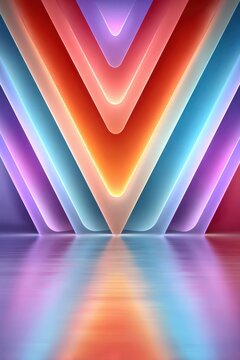 Colorful neon triangles forming glowing V shapes with reflective floor in a futuristic abstract background