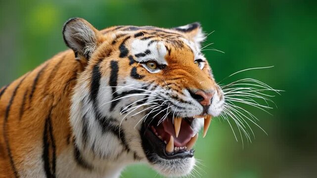 Tiger's Roar: A majestic tiger bares its fangs and snarls, its piercing eyes conveying raw power and untamed ferocity in a close-up portrait.