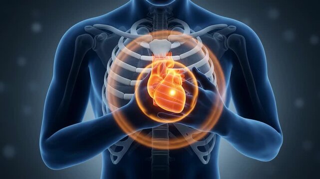 Male anatomical torso animation with glowing heart and pulse rings