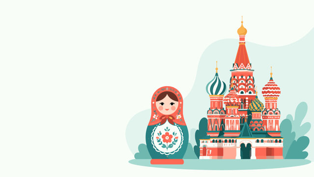 Matryoshka doll beside Saint Basil Cathedral vector illustration