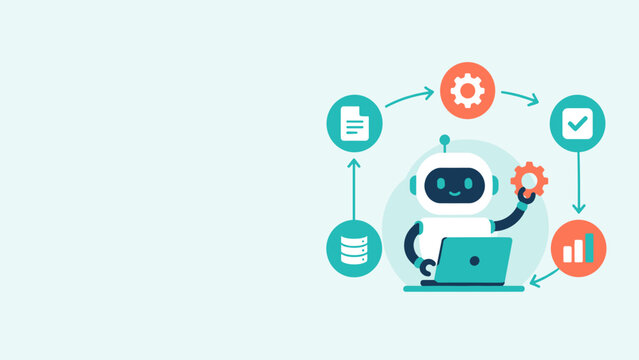 Robot with laptop and workflow automation icon diagram