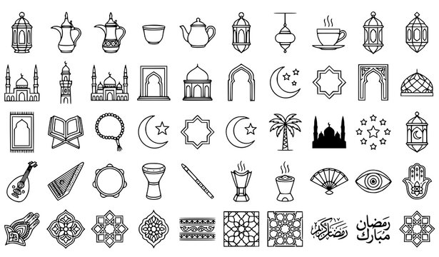 Islamic Ramadan Mubarak Line Icon Vector Set Featuring Arabic Lanterns Teapots Mosques Quran Musical Instruments Hamsa Hand and Traditional Geometric Pattern Outline Symbols