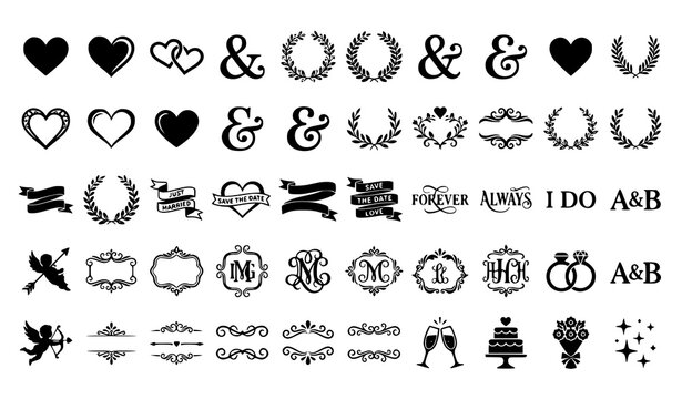 Romantic Wedding and Valentine Day Silhouette Graphic Element Vector Set Featuring Hearts Monograms Laurels Ribbons Ornaments Rings and Cupid Invitation Symbols