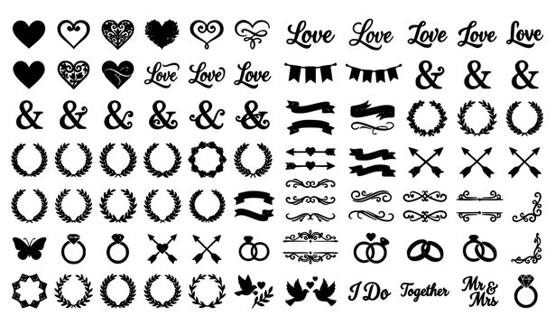 Elegant Wedding and Valentine Day Silhouette Vector Icon Set Featuring Hearts Laurels Ribbons Wedding Rings Ampersands and Love Typography Design Elements