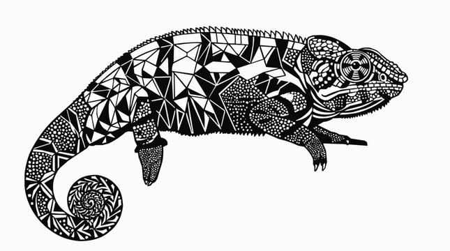Intricate Geometric Chameleon Illustration Featuring a Stylized Tribal Pattern and Curl Tail Detail, Perfect for Modern Lizard Art Projects