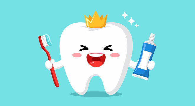 Cute cartoon tooth character wearing gold crown holding toothbrush and toothpaste tube, pediatric dental care concept illustration