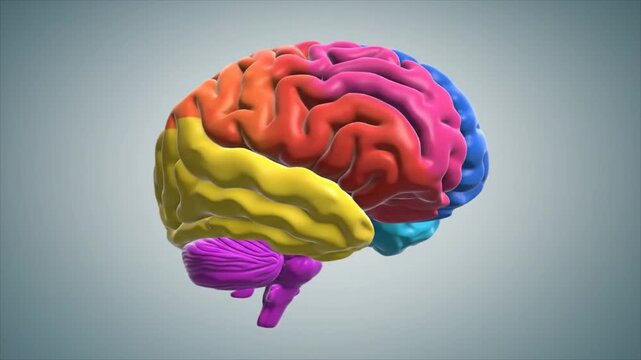 A colorful 3D illustration of a human brain with multiple vibrant sections