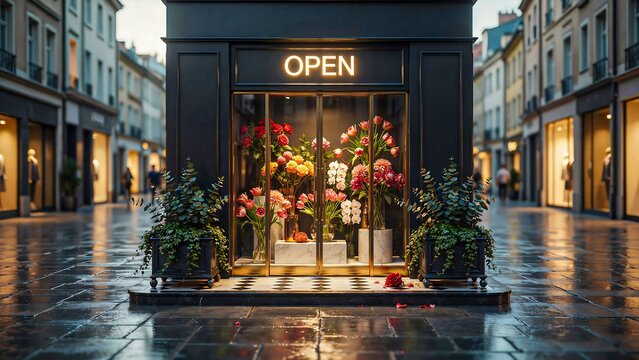 Elegant flower shop storefront with open sign and colorful floral displays on rainy urban street