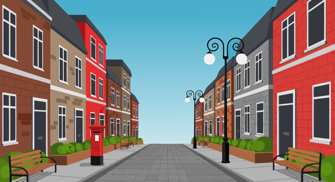Vector illustration of a quiet European city street with colorful brick townhouses, classic street lamps, benches and a red mailbox