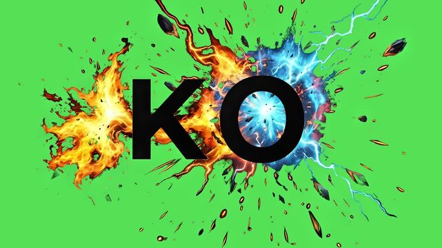 "KO" text animation with fire and ice explosion effect on green screen