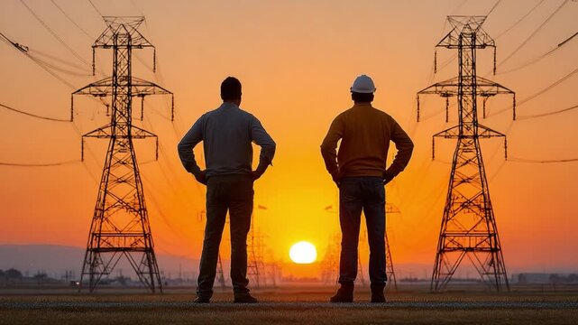 Powering Tomorrow: Two engineers stand silhouetted against a vibrant sunset, surveying towering electrical pylons and the expansive energy grid, symbolizing progress and industrial might.