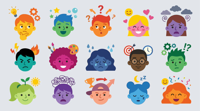 Collection of diverse cartoon faces and emojis.