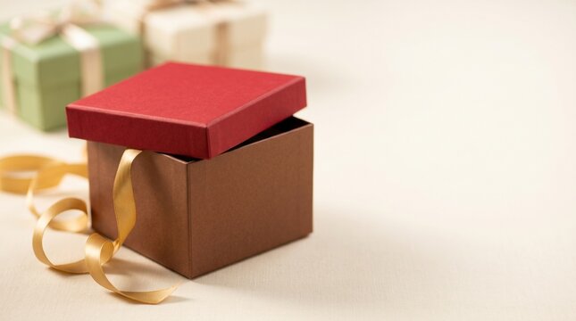 Elegant Gift Box with Open Lid Showcasing Gold Ribbon in Soft Background