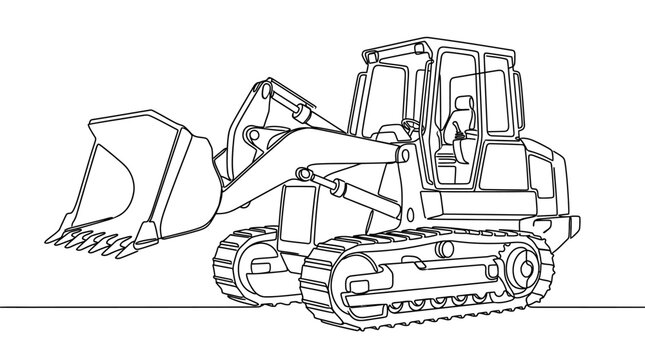 A detailed black and white line art illustration of a heavy construction bulldozer.