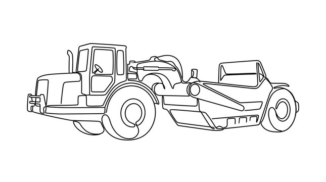 A black and white line art illustration of a heavy construction scraper vehicle.