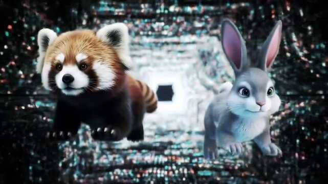 Red panda and rabbit running through futuristic digital data tunnel
