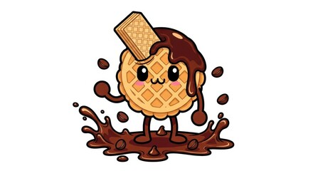 Fototapeta premium Cute Kawaii Waffle Character with Chocolate Syrup and Wafer Stick Illu