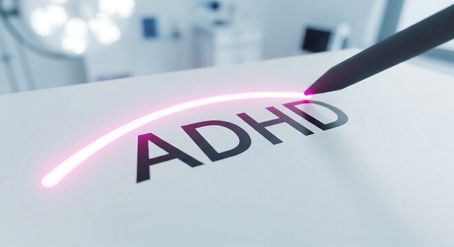 Writing ADHD diagnosis on paper with glowing line in medical setting