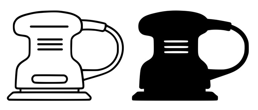 Electric sander minimalist icon, black and white in outline and silhouette design