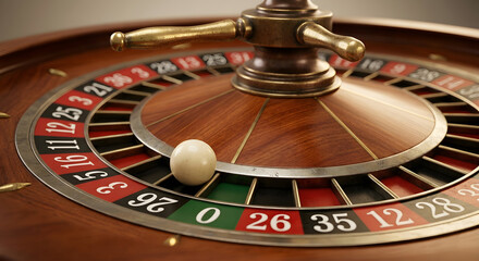 A close-up view of a classic wooden roulette wheel with a white ball resting on the spinning surface in a luxurious casino setting. Generative AI. © anammarques