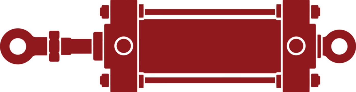 Red hydraulic cylinder with two pistons and mounting brackets on transparent background