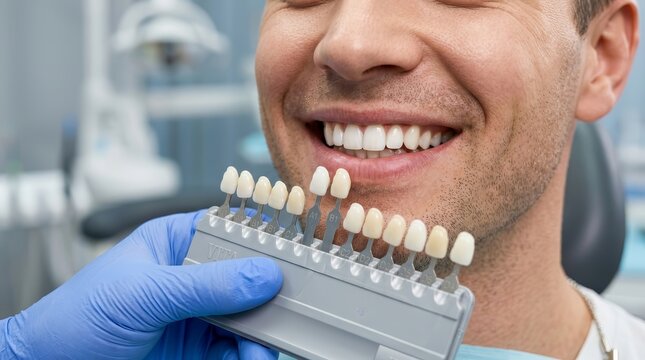Dentist using a shade guide to match tooth color for veneers or whitening on a smiling male patient.
