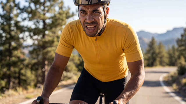 Cycling race yellow jersey cyclist climbing uphill mountain road summer sport competition effort determination scene for poster design background banner template