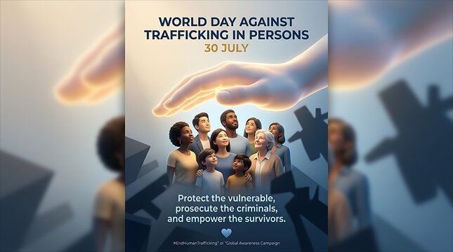 A conceptual poster for World Day Against Trafficking in Persons on July 30, depicting a giant glowing hand protecting a diverse group of vulnerable people from shadowy figures.