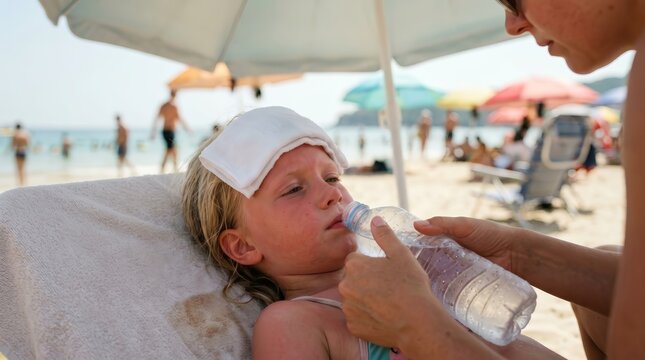 Exhausted little girl with sunburn and heatstroke lying on the beach with a wet compress on her forehead.