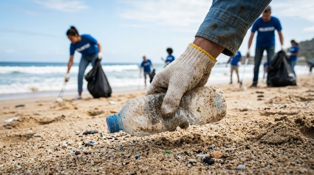 A gloved hand picks up a plastic bottle from the sand to protect the environment.