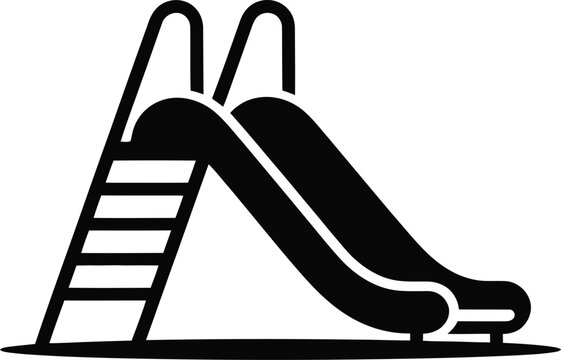 Minimalist black silhouette of a children's playground slide with ladder and curved chute, isolated on a plain white background