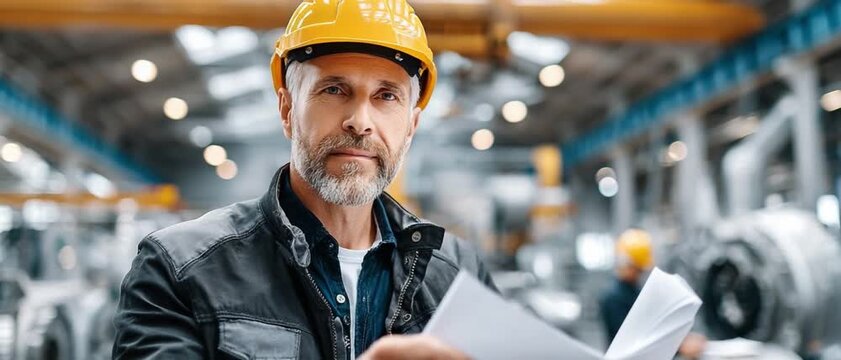 Seasoned Foreman in the Factory: A weathered foreman, donning a yellow hard hat and holding blueprints, stands confidently in the heart of an industrial manufacturing facility.