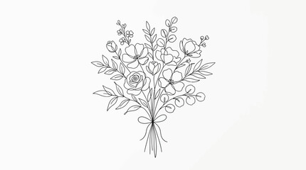 Fototapeta premium Elegant hand drawn floral bouquet illustration with delicate line art style.