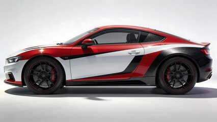 Fototapeta premium Modern sports car side view with red and white racing livery in studio render