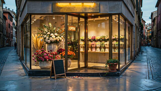Corner flower shop storefront with colorful floral displays and illuminated glass windows on rainy city street