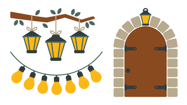 Festive lanterns, string lights, and a rustic arched door with an illuminating lamp