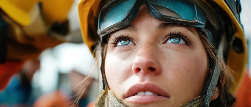Determined Gaze: A close-up shot captures a woman wearing a hard hat and safety goggles, her bright blue eyes gazing upwards with intense focus and determination.