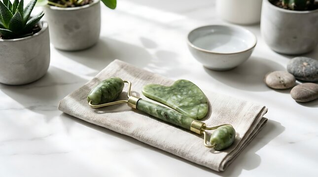 Natural Jade Roller and Gua Sha Tool on Linen Cloth for Skincare Routine