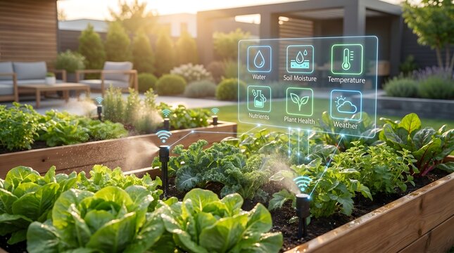 Smart garden with holographic interface showing water, soil, temperature, nutrients, plant health, and weather