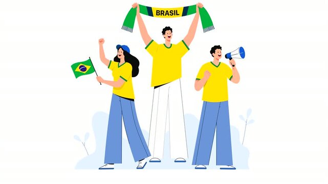 Editorial vector animation of Brazil football supporters celebrating victory with flags, scarves, and cheers. Modern flat character motion graphics for soccer, sports events, and Brazilian fan culture