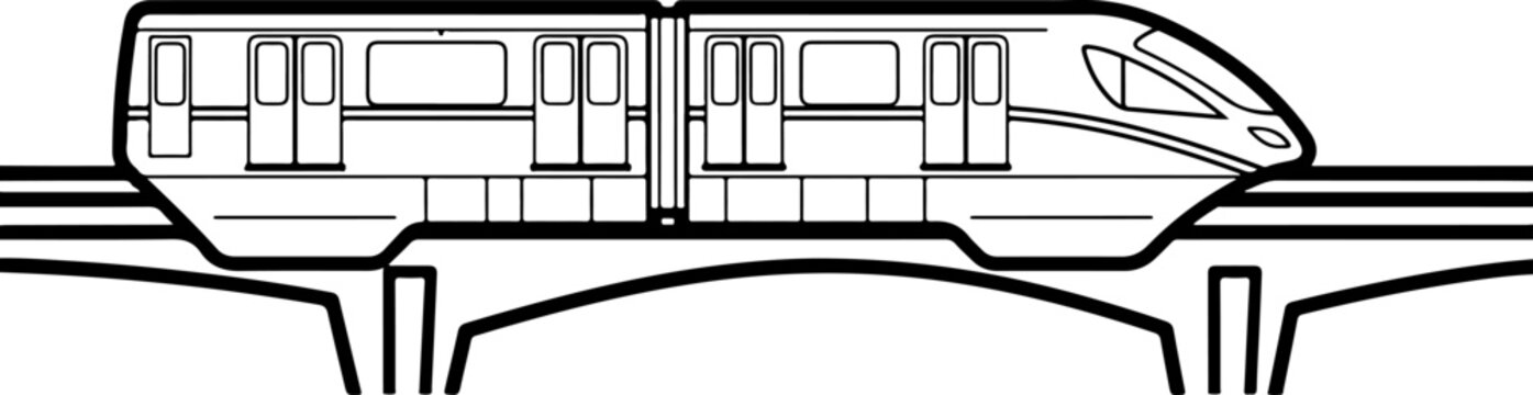 Monorail, train, transportation, vector, futuristic, rail, line art, illustration