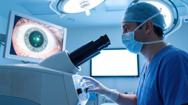 Surgeon performing eye operation in operating room with advanced medical equipment and monitors showing eye.