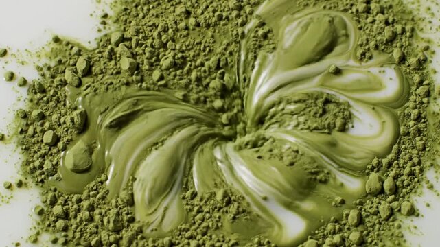 Top view of vibrant green matcha powder dispersing into creamy white liquid surface, creating abstract food textures and organic green swirls during tea latte making.
