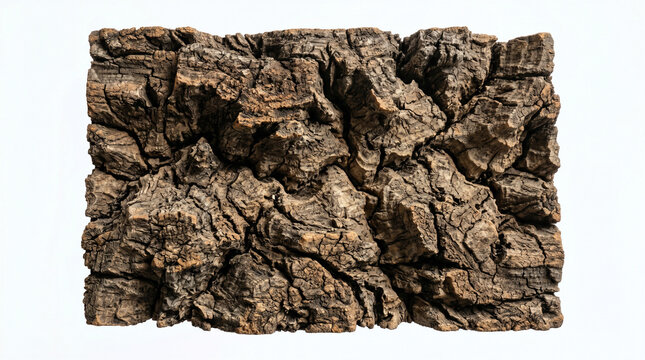 A close-up, detailed view of a textured, rough, and rugged piece of dark brown tree bark with deep crevices and ridges, set against a plain white background.