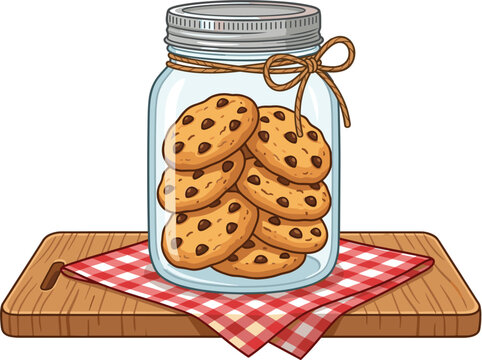 Chocolate chip cookies in glass jar on red checkered napkin and wooden cutting board illustration