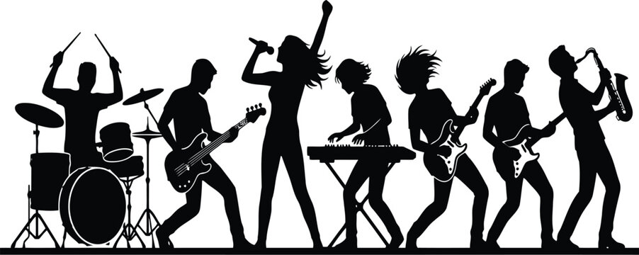 Silhouette of a music band performing on stage with a singer guitarist drummer keyboard player and saxophonist playing instruments at a live concert music show