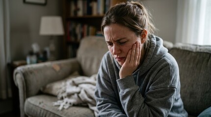 Obraz premium A young woman holds her jaw in pain, suffering from a severe toothache. The scene depicts facial distress related to dental health issues in a home setting.